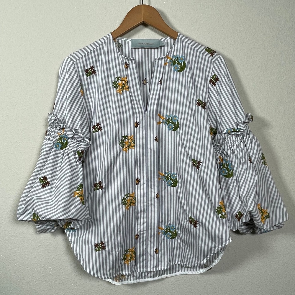 Silvia Tcherassi Lucaya Blouse XS Gray Stripe Floral Embroidered Puff Sleeve - Picture 1 of 8